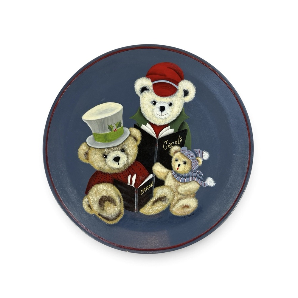 Vintage Hand Painted Wooden Christmas Teddy Bear Carolers Plate 12" Blue Decor